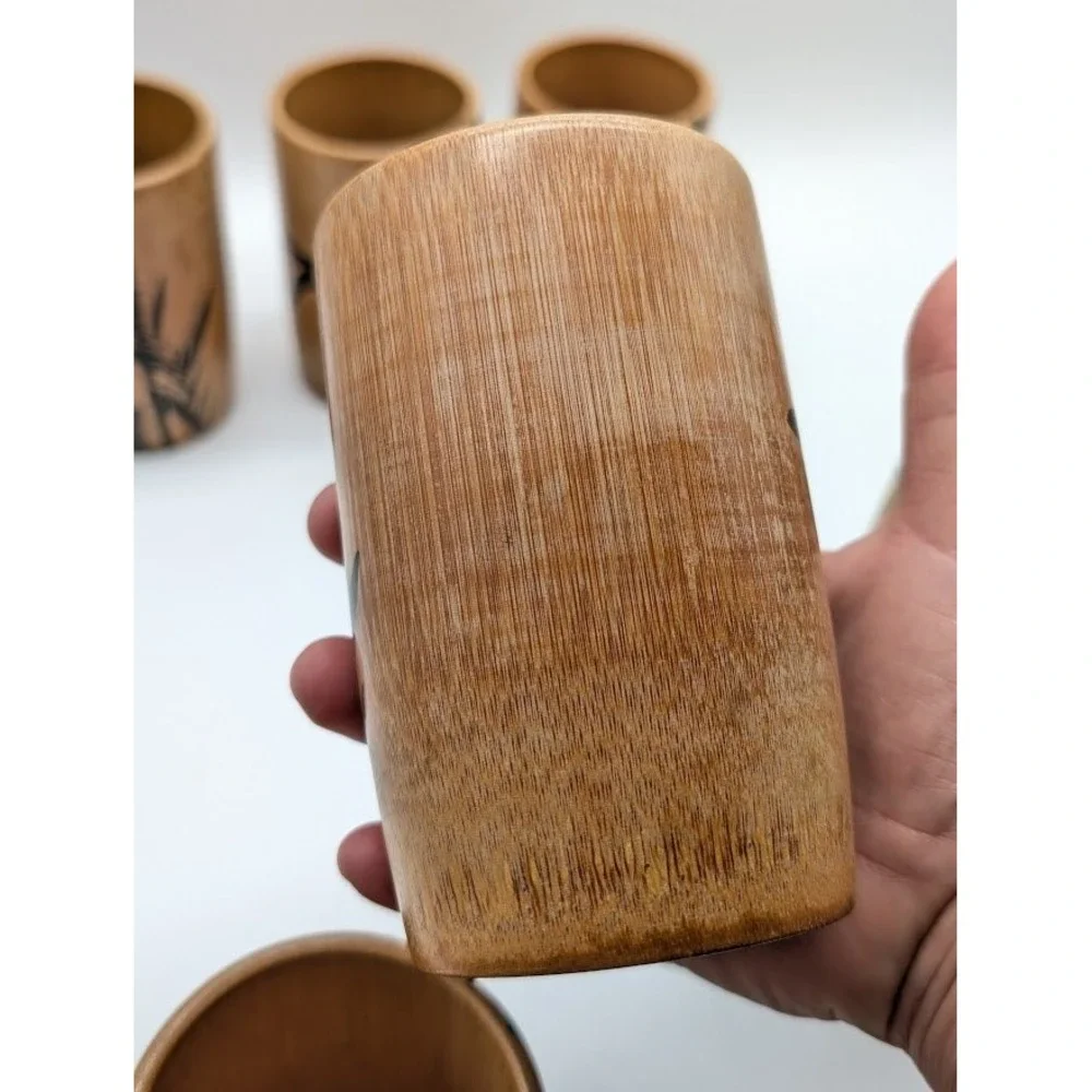 7 Set Vtg Natural Bamboo Cups Pitcher Hand Painted Made in Japan MCM Bar Tiki